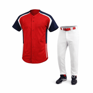 Red baseball jersey with white piping and embroidered team logo for high visibility on field